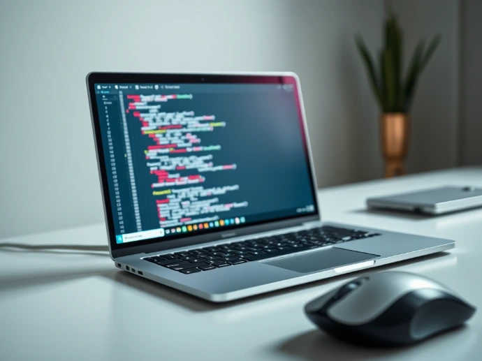 Laptop on a desk displaying code